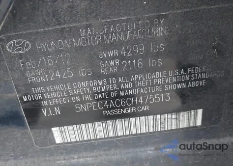 2012 Hyundai Sonata Limited z USA, uszkodzony, nr VIN 5NPEC4AC6CH475513